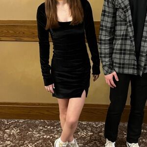 Hollister Black Velvet Long Sleeve Dress with Mini Slit